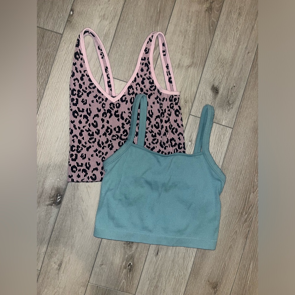 Pink Leopard Print Cropped Tank & Teal Ribbed Crop Top - 2 Pack